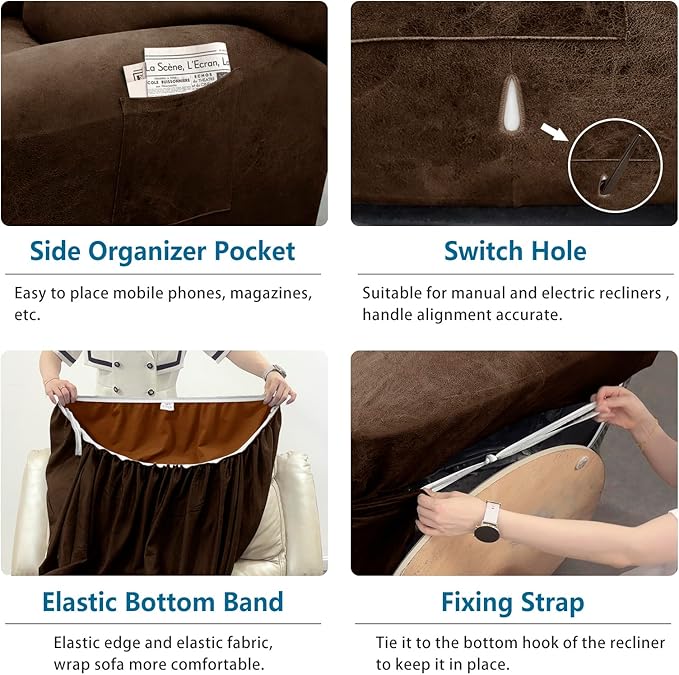 Chair Covers 4-Pieces Recliner Chair Covers 1 Seater Cover for Recliner Chair Leather Look Recliner Slipcovers with Pockets Spandex Fabric Furniture Covers(Recliner, Dark Brown)