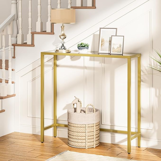 HOOBRO 29.5" Narrow Console Table, Tempered Glass Sofa Table, Small Side Table, Modern Entryway Table, for Entrance, Living Room, Foyer, Hallway Bedroom, Gold GD07XG01