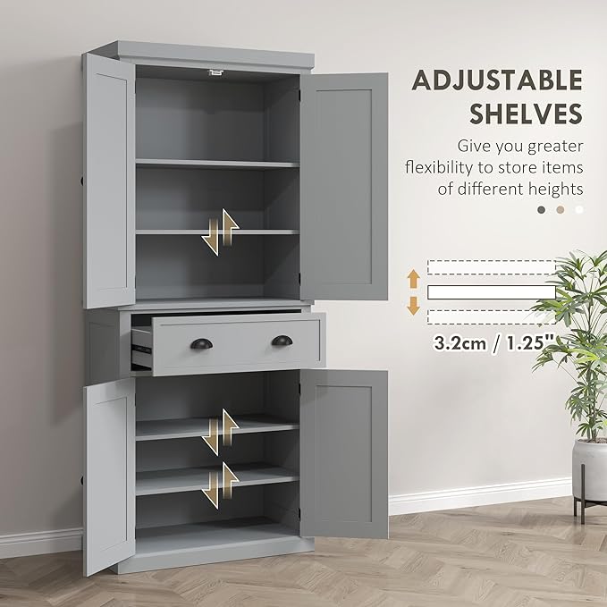 HOMCOM 72.5" Kitchen Pantry Cabinet, Traditional Freestanding Storage Cabinet with 4 Doors, Drawer and 3 Adjustable Shelves for Dining Room, Gray