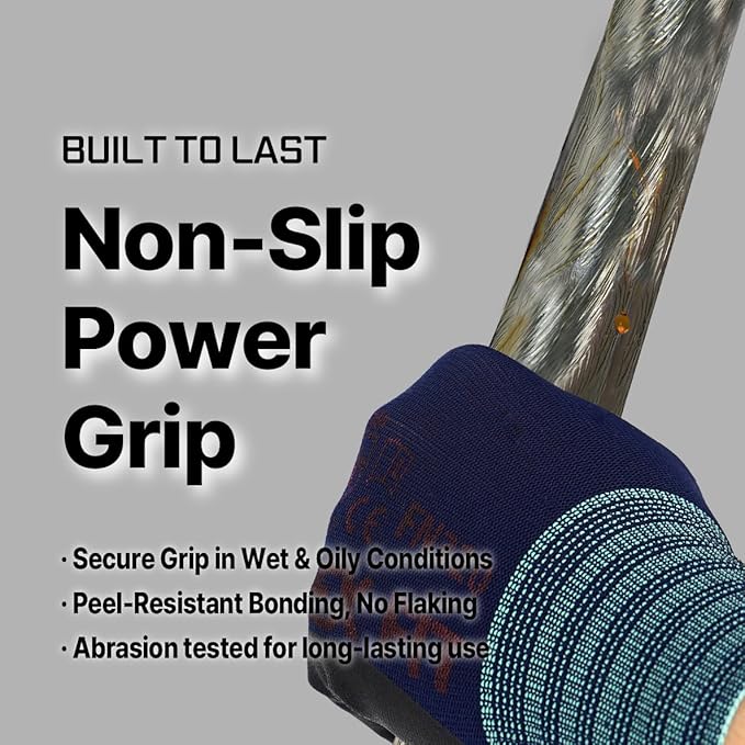 DEX FIT Premium Nylon Work Gloves FN320 - Firm Nitrile Grip, 3D-Comfort Stretchy Fit, Thin & Lightweight, Protective & Durable, Breathable, Machine Washable; Navy 8 (M) 1 Pair