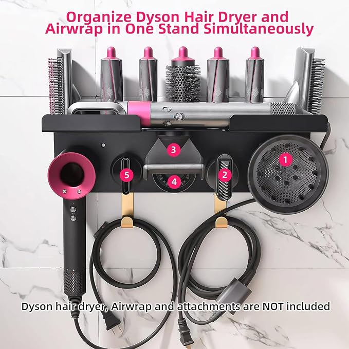 Dyson Airwrap Holder, Dyson Airwrap Wall Mount, 2in1 Dyson Airwrap Organizer and Dyson Hair Dryer Holder, Dyson Hair Dryer Stand for Dyson Airwrap Styler & Supersonic Nural Black UEMUSI