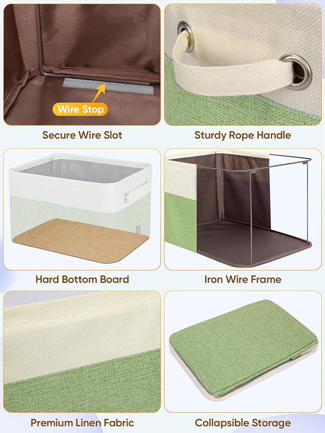 BALEINE 3 Pack Fabric Closet Storage Bins for Shelves, Linen Closet Organizers and Storage, Decorative Baskets for Organizing, Shelf, Clothes, Home, Office (Green, 12"x8"x8")