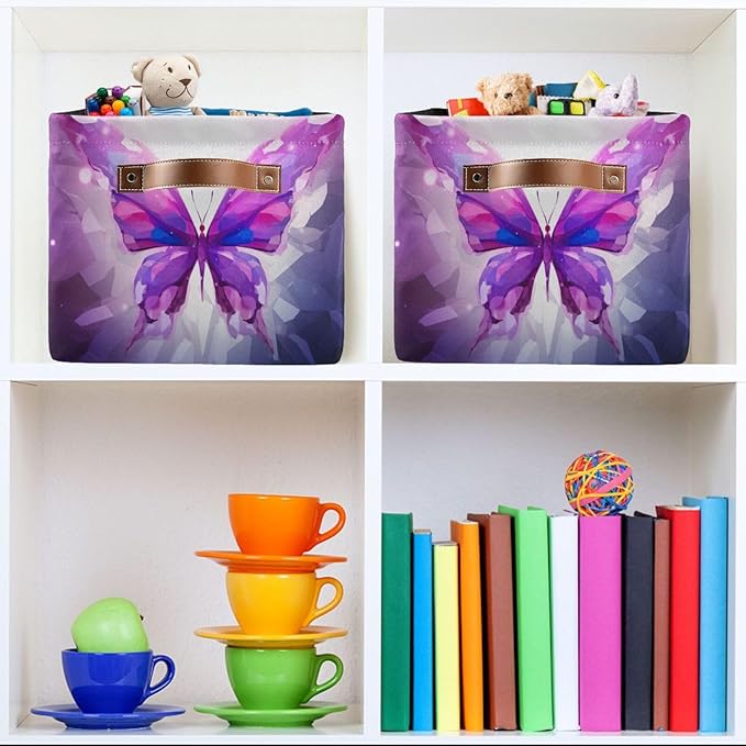 Storage Basket Purple Butterfly Rectangular Collapsible Canvas Shelves Storage Bins with Leather Handles for Shelves Home Closet Bedroom Living Room, 1Pack