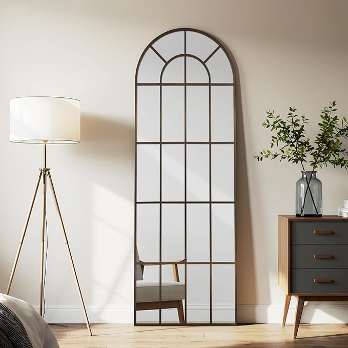 Arched Windowpane Mirror Full Length 65"x24" Wall Mounted Bronze Art Pane Farmhouse Decorative Floor Mirror Leaning Hanging Wall Mirror for Bedroom Living Room Entrance