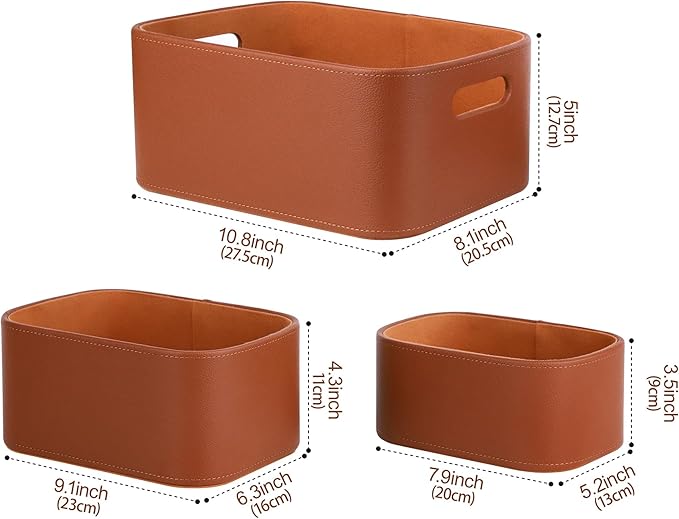 Faux Leather Storage Baskets — Set of 3, Brown