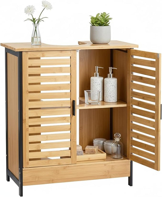 24" Bamboo Pedestal Under Sink Storage Vanity Cabinet, Solid Waterproof Sliding Door Bathroom Organizer with Adjustable Shelf, Modern Bathroom Furniture(for Floor Drain)