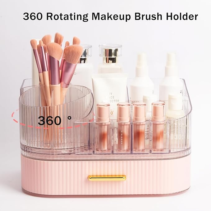 Makeup Organizer with Stackable Drawer, 360 Rotating Makeup Brush Holder, 11-inch Wide Large Cosmetic Display Case, Skincare Organizers and Storage for Dresser, Vanity, Bathroom Countertop