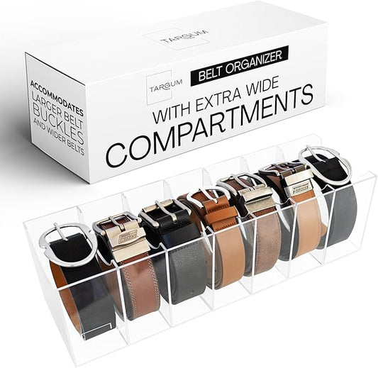 Targum Belt Organizer for Large Buckles – Extra-Wide Acrylic Belt Organizer with 7 Compartments for Closet and Drawer
