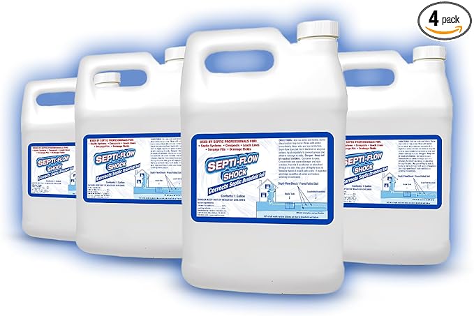 Septi-Flow Shock | Septic Drainfield Repair Solution, Clears Leach Fields, Dissolves Hardened Deadpan Soil, Complete Treatment, One Gallon - 128 Fl Oz (Pack of 4) - Drain Field Treatment