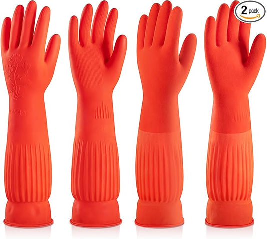 ThxToms Rubber Dishwashing Cleaning Gloves (2-Pair) - Soft Fleece Lining, Reusable, Waterproof with Extra-Long Cuff & Non-Slip Grip for Household & Kitchen Use - Medium