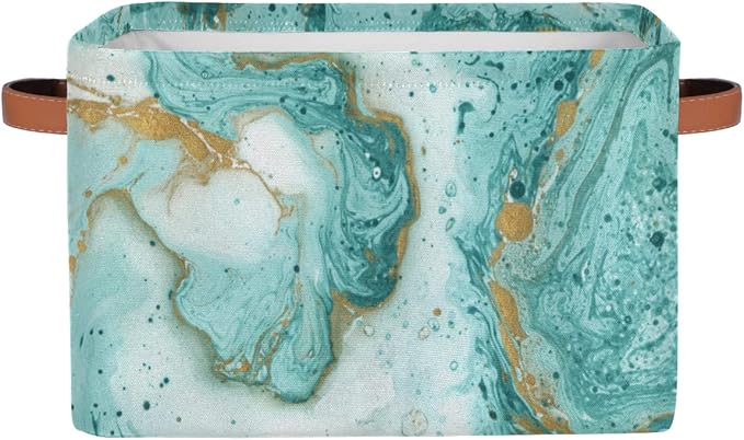 2Pack Turquoise Marble Texture Large Collapsible Storage Bins,Teal Marble Decorative Canvas Fabric Storage Boxes Organizer with Handles,Rectangular Shelves Baskets Box for Home Office Nursery Closet