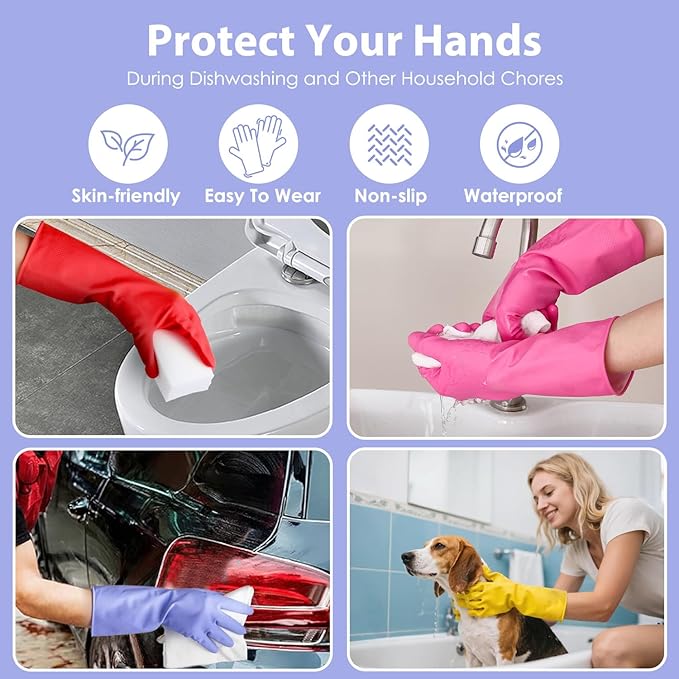 Rubber gloves for dishwashing 4 Pairs, Kitchen gloves for dish cleaning gloves, Reusable (XL, Colorful)