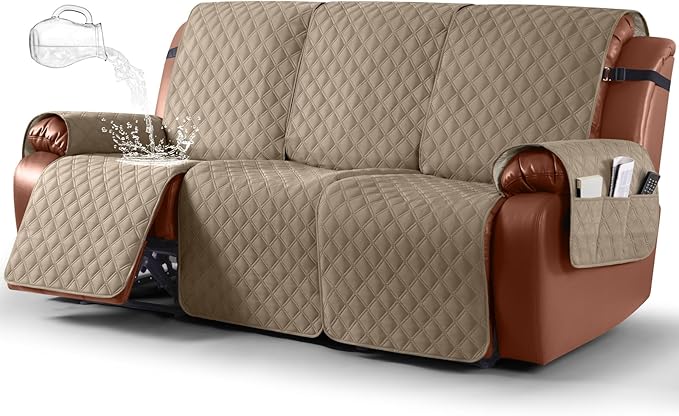Ruaozz Waterproof Recliner Couch Covers 1-Piece Sofa Covers Washable Recliner Covers Non-Slip Furniture Protector with Elastic Straps Pocket for Kids Pets (Khaki, 3 Seater)