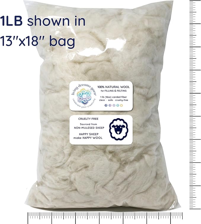 Core Wool for Needle Felting, Crochet Toys, Amigurumi Stuffing. Super Clean Wool Filler for Pillows, Stuffed Animals, Dryer Balls. 1LB, Natural White