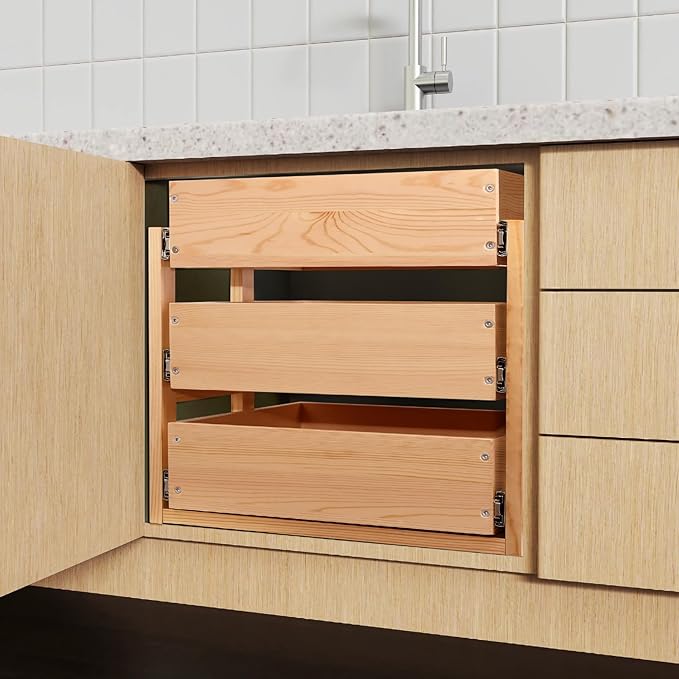 Pull Out Drawers For Cabinets, 14''W×21''D×19''H Soft Close Slide Out Wood Shelves Storage Organizer for Kitchen, 3-Tier, Finished, Heavy-Duty, Bottom Assembly