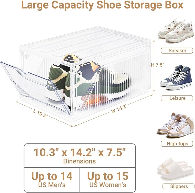 XX-Large Shoe Sneaker Storage Boxes for Size 14, Stackable & Thicken Clear Plastic Shoe Organizers 8 Packs for Entryway Closet Under Bed, Shoe Storage Cabinets Container Display Case w/ Magnetic Door
