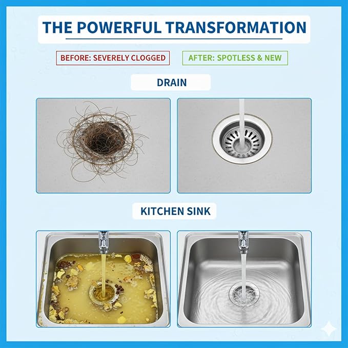 Sink & Drain Cleaner Powder, Fast Foaming for Kitchen, Bathroom,Toilet Pipes - Removes Grease, Hair & Food Waste - 130g (1 Pack)
