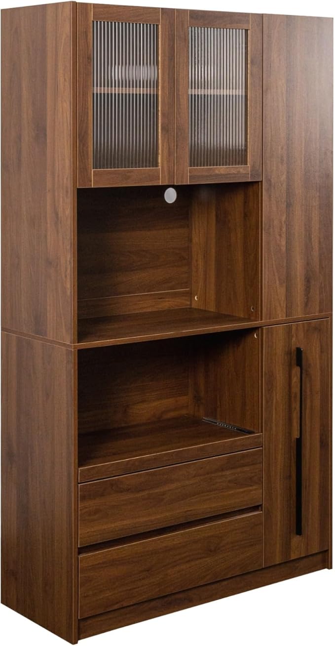 KEIKI 70.87" Tall Kitchen Pantry Storage Cabinet with Multi-Functional Pull-Out Shelf, Side Shelves, 2 Drawers, Glass Doors & Microwave Stand, Wood Hutch Food Pantries Cupboard for Dining Room