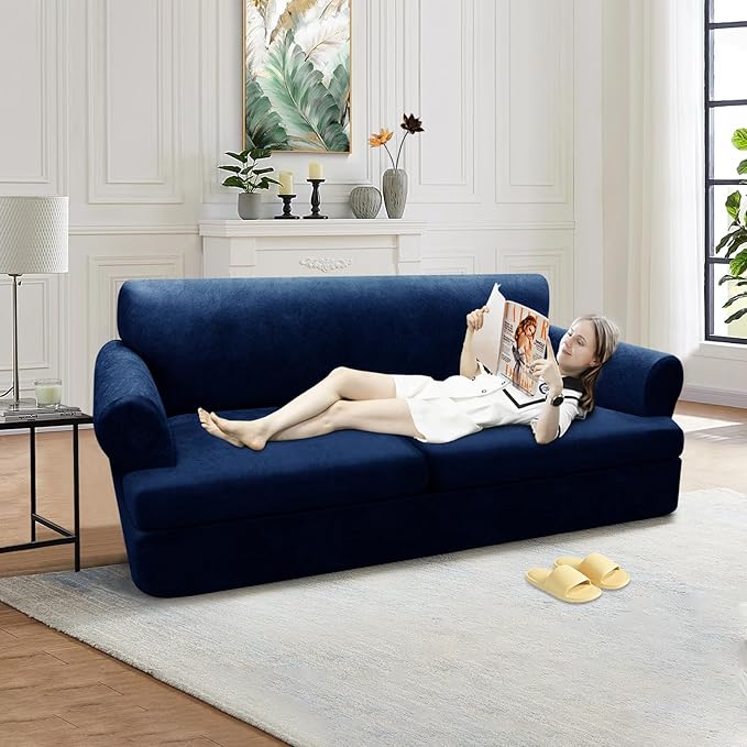 3-Pieces T Cushion Loveseat Slipcovers Leather Look Couch Cover Loveseat Covers for 2 Cushion Couch Furniture Protector Stretch Sofa Cover with 2 Individual T Cushion Seat Covers, Navy