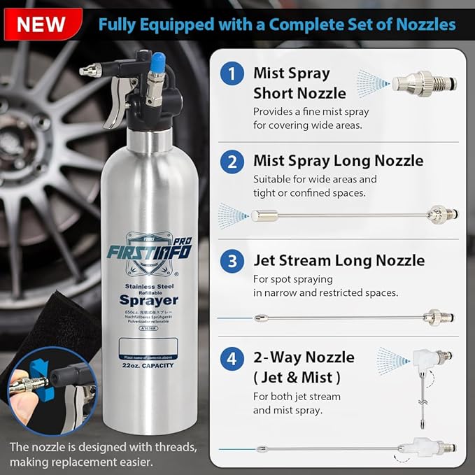 FIRSTINFO A1636K Patented Max. Pressure 110 psi / 650ml Stainless Steel Canister Aerosol Refillable Fluid Spray Can/Pneumatic Compressed Air Sprayer