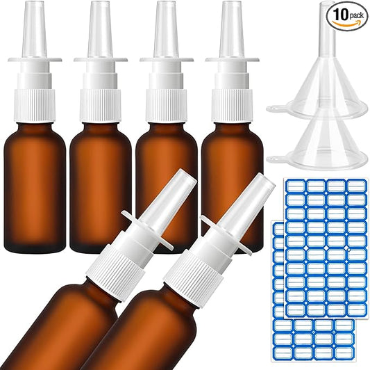 10 Pcs Nasal Spray Bottle Empty, 6 Pcs 30ML/1oz Matte Brown Glass Nose Spray Bottle Empty, 30ML/1oz Nasal Sprayers Atomizers with 2 Funnels and 2 Labels