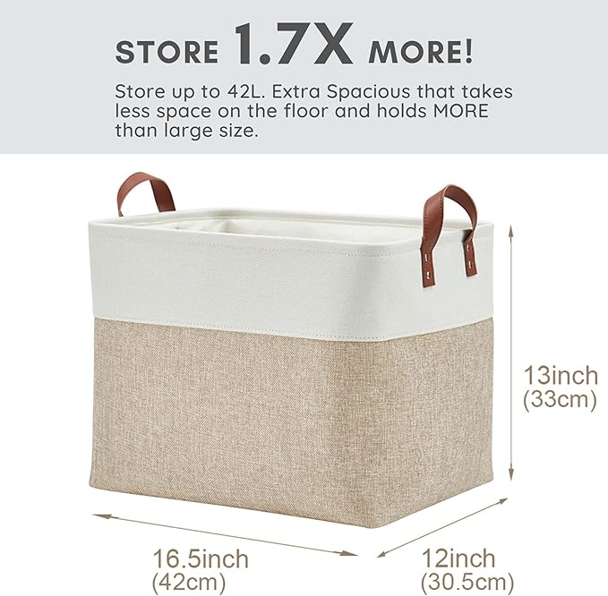 DECOMOMO Extra Large Storage Baskets, Fabric Storage Bins with Handles for Organizing Shelves, Toys, Nursery, Laundry (Beige & White, 3pcs)