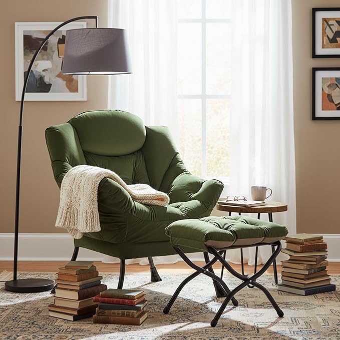Welnow Lazy Chair with Ottoman, Modern Reading Lounge Accent Chair with Armrests and a Side Pocket, Leisure Upholstered Lazy Sofa Set with Footrest for Small Space, Army Green