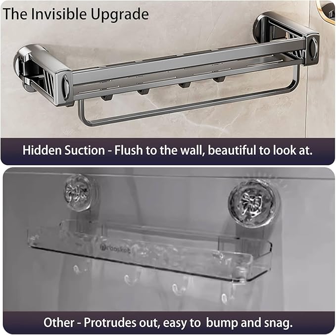 16" Shower Caddy Suction Cup, Concealed Shower Shelves Suction Cup with Hooks & Towel Bar, NO-Drilling Suction Shelf for Bathroom & Kitchen - Gray