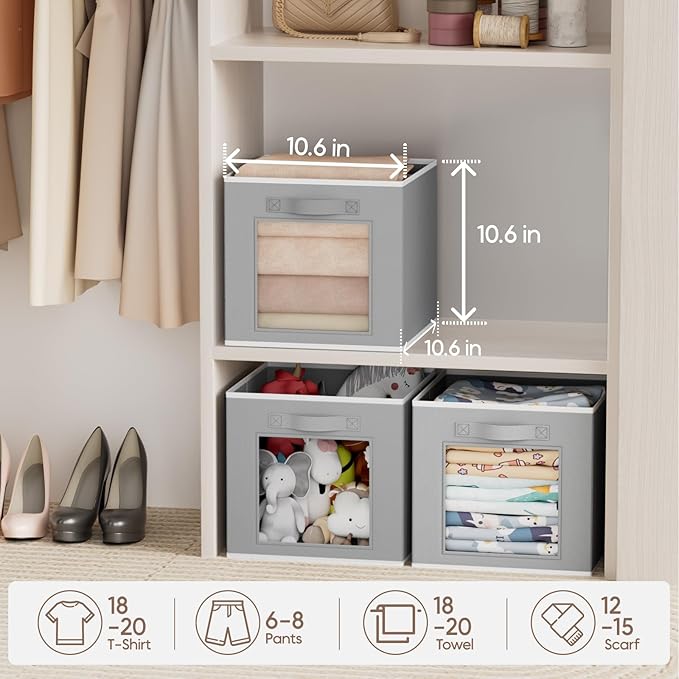 Foldable Storage Cubes - Cubby Storage Organizer with Window, 11 Inch Baskets for Organizing, Collapsible Fabric Storage Cubes for Shelves, Closet, 10 Pack, Grey