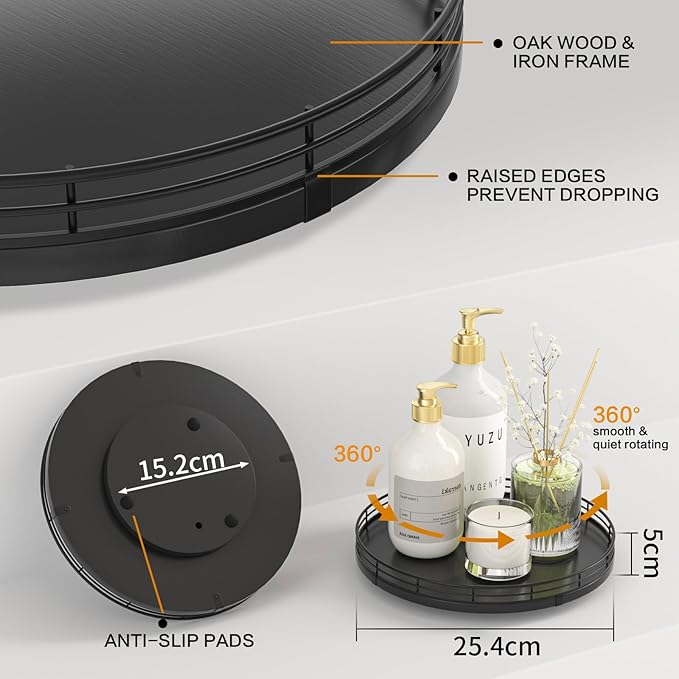 360-Degree Rotating Lazy Susan Turntable, Oak Wood and Iron Frame, 10-Inch Black Round Organizer with Raised Edges, Anti-Slip Base for Kitchen, Bathroom, Pantry