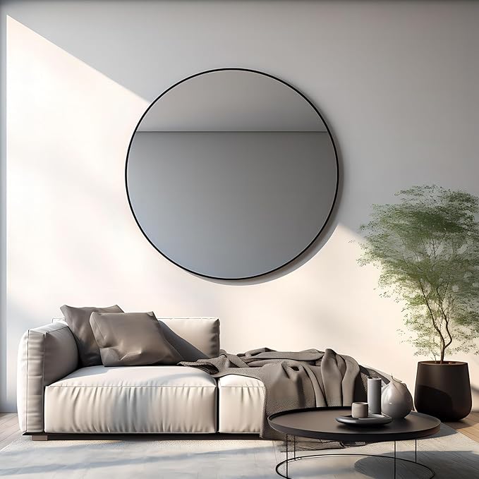 Growsun 48 inch Large Round Mirror, Bathroom Mirror for Wall, Metal Frame Round Mirror for Fireplace Living Room Wall Decor, Black Frame