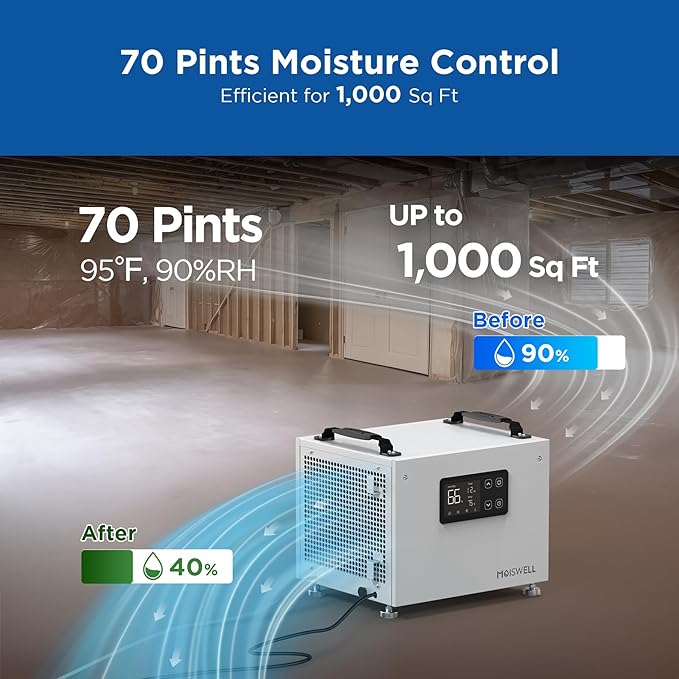 70 Pints Commercial Dehumidifier with Pump Portable Crawl Space Dehumidifier for Basement Energy Star Efficient Certified Compact Dehumidifiers for Home, Auto Defrost, Timer