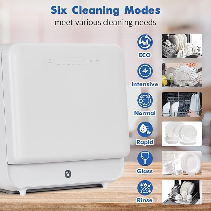 Countertop Dishwasher, Mini Dishwasher with Faucet & Manual Water Tank(5L) Modes Water Inlet, Compact with More Space Inside,6 Programs Ideal for RV & Apartments, No Hookup Needed