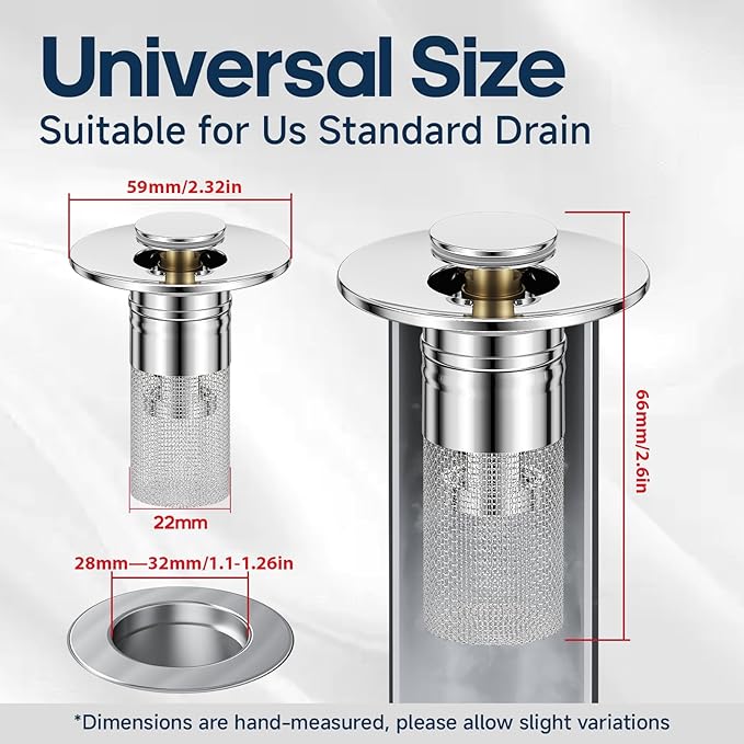 Pop Up Sink Drain Strainer, Bathroom Sink Drain Stopper with Removable Stainless Steel Drain Hair Catcher Basket, Universal Bathroom Sink Stopper Replacement, Drain Plug Filter (2PCS)