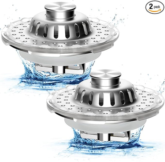 Metal 2 Pack Bathtub Drain Stopper with Top Hair Catcher, Visible Top Strainer Tub Stopper, Upgraded 3 in 1 Pop-up Drain Plug Fit for 1.5 to 2.4" Hole, Stainless Steel Filter Basket
