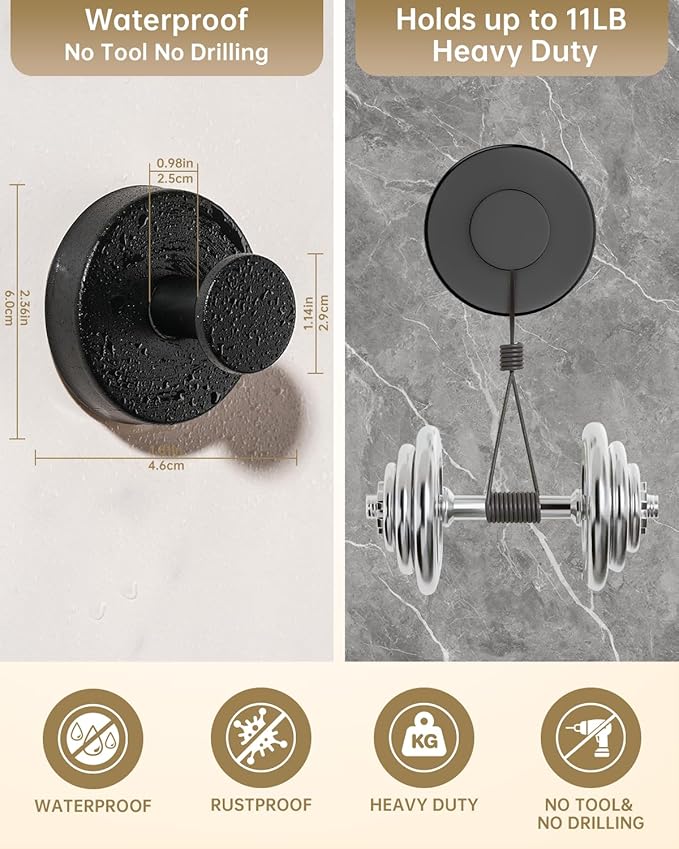 Suction Cup Hooks for Shower, Suction Cup Hooks for Door Wreaths, Robe Towel Hooks Heavy Duty for Bathroom Hanging, Windows, Kitchen, Glass, Mirror, No Drilling, 6 Pack (Black)