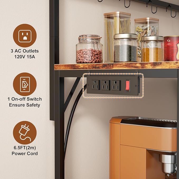 Bakers Racks for Kitchens with Power Outlets, Microwave Stand with 31.5 x 15.7 Inch Larger Desktop, Coffee Bar with Adjustable Middle Shelf, 8 S-Shaped Hooks, Rustic Brown