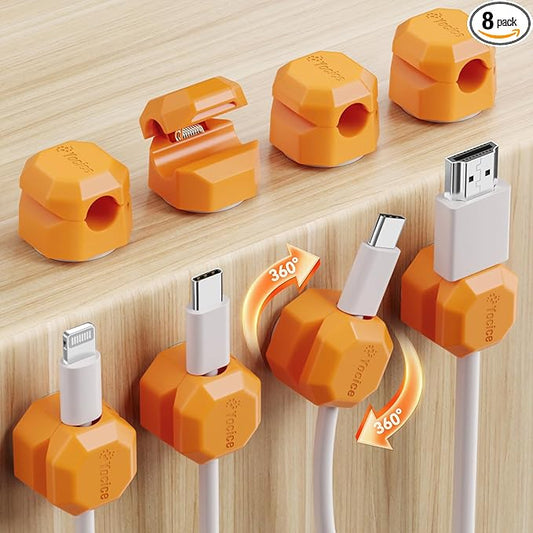 8 Pack Spring Cable Clips,Rotatable Cord Organizer Desk Cable Management Cord Holder Adhesive Phone Charger Cord Clips for Home Office Car Wall Nightstand Accessories, Orange