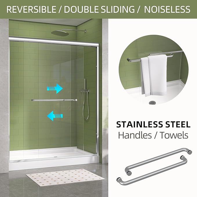 GETPRO Shower Door 68-72 in. W x 72 in. H Double Sliding Semi-Frameless Bypasss Bathroom Shower Glass Doors,1/4 inch Clear Tempered Glass Door for Walk-in Shower Chrome Finish