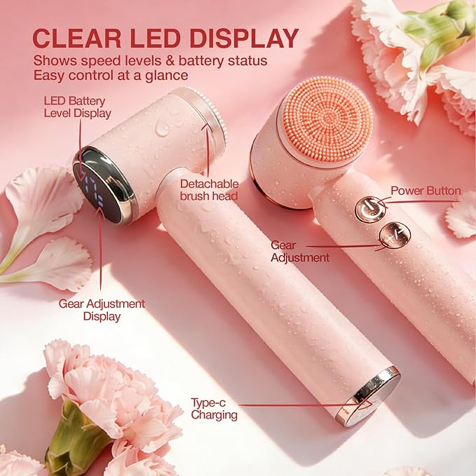 Electric Face Scrubber & Facial Cleansing Brush - 6-in-1 Exfoliating Face Scrubber Kit, 3 Speeds, IPX6 Waterproof Face Brush for Deep Cleaning, Massage & Gentle Exfoliation-Pink