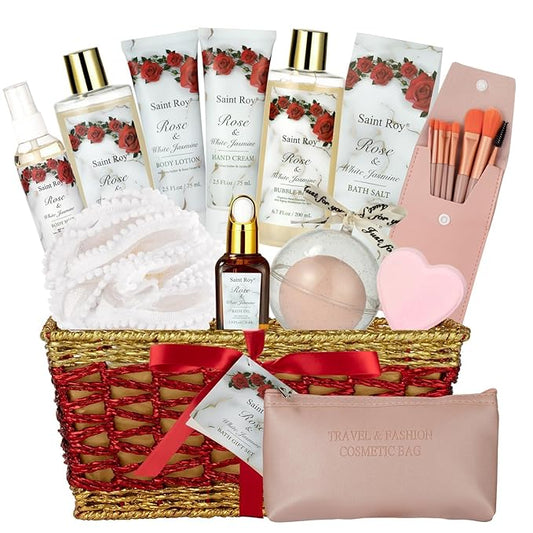 21 Pcs Luxury Spa Gift for Women, Red Rose Bath and Body Basket Gift, Skin Care Kit, Home Spa Self Care, Make-up sponge Brush, Pampering Kit, Birthday, Christmas, Mother, Bridal Shower, Anniversary