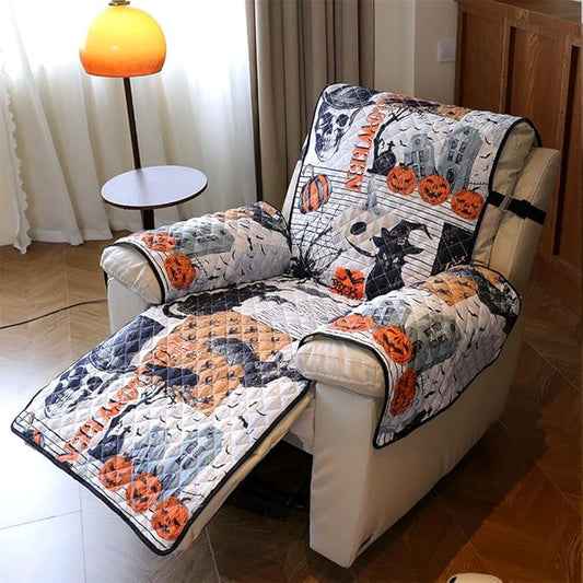 Cmfshape Halloween Skidproof Sofa Cover-Festival Sofa Slipcover with Elastic Straps-Easy Fit Slip Cover-Patchwork Washable Furniture Protector for Pets and Kids(Recliner,Black&Orange)
