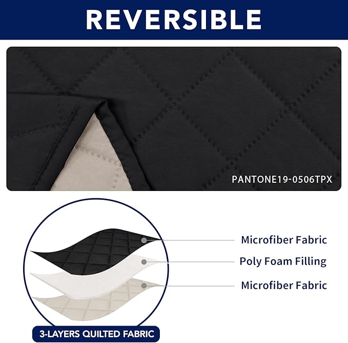 PureFit Water Resistant Reversible Sofa Covers for Reclining Sofa 3 Seat - Non Slip Split Recliner Couch Cover for 3 Cushion Couch, Washable Furniture Protector for Kids, Dogs (3 Seat, Black/Beige)