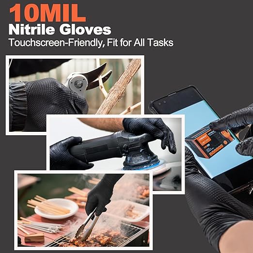 10mil Nitrile-Gloves Disposable - Chemical-Resistant Rubber - Mechanic Gloves Heavy Duty, Latex Free, Diamond Grip (1000,Black Large)