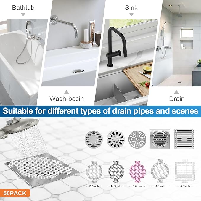 INVIHUG,50 Pack, Disposable Shower Drain Hair Catcher Mesh Stickers,Disposable Hair Drain Catcher. (White)