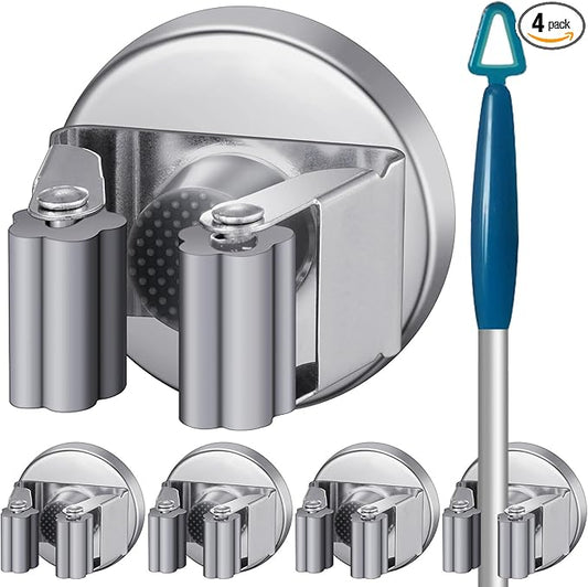 4 Pcs Magnetic Mop Broom Holder Movable Magnetic Broom Holder Rack, Anti Slip Wall Mounted Utility for Cleaning Tools, Garage, Kitchen, Laundry, Garden (Silver)