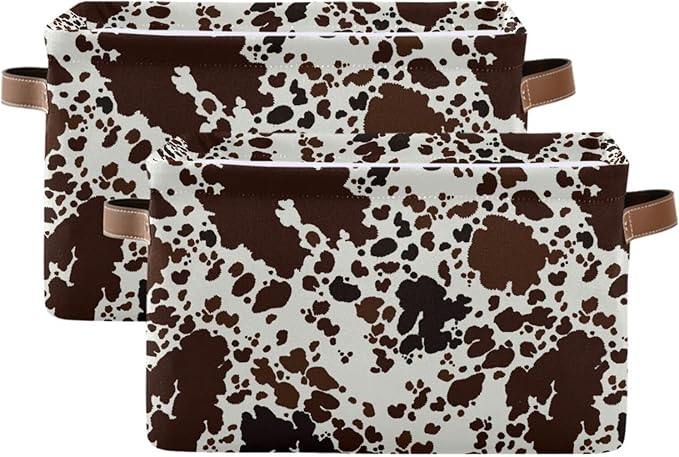 Storage Basket Cow Print Rectangular Collapsible Canvas Shelves Storage Bins with Leather Handles for Shelves Home Closet Bedroom Living Room, 1Pack