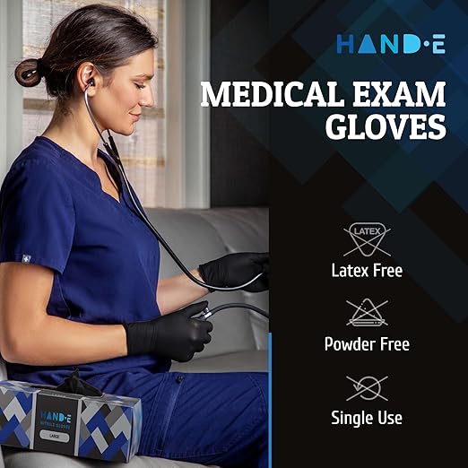 Hand-E Touch Black Nitrile Medical Gloves Disposable Small 100 Count - Latex Free, Extra Thick 5 Mil Surgical Medical Exam Gloves, Powder Free