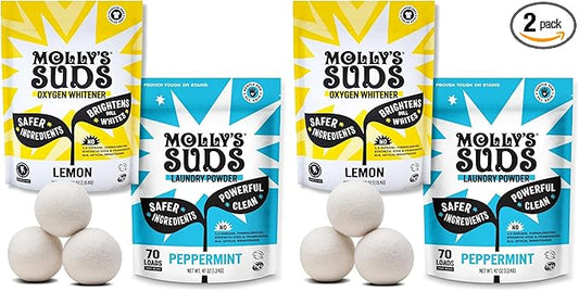 Molly's Suds Starter Pack | Includes 70 Load Natural Laundry Powder, 2 Package of Wool Dryer Balls & 1 Oxygen Whitener