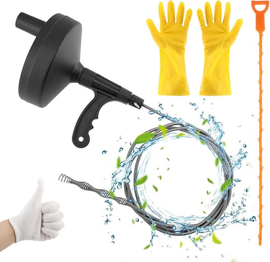 Drain Auger 33 Feet, Snake Drain Hair Removal Tool with 2 Gloves, Plumbing Sink Unclogger Drain Cleaner Toilet Snake Auger for Kitchen Bathroom Tub Shower